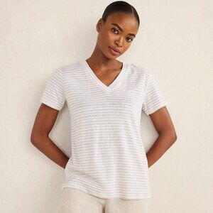Haven Linen Stripe Short Sleeve V-Neck Tee Sz XS Tan Beige White Cream Oversize
